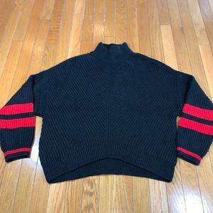 Express Cropped Mock Neck Wool Sweater
Color Black and Red Striped Women’s Sz XS